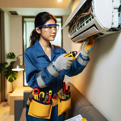 Technician fixing air conditioning unit indoors