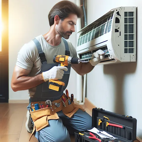 Technician repairing air conditioning unit indoors