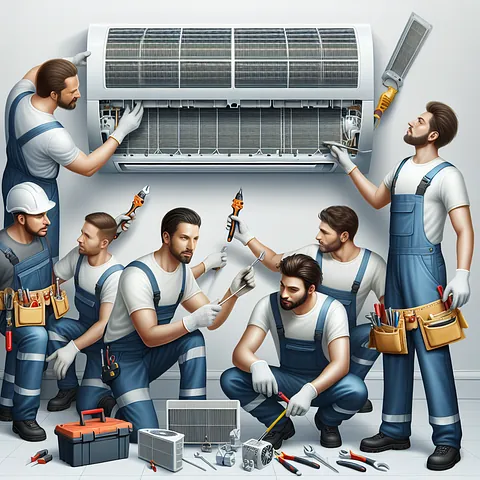 Realistic image of technicians installing air conditioner