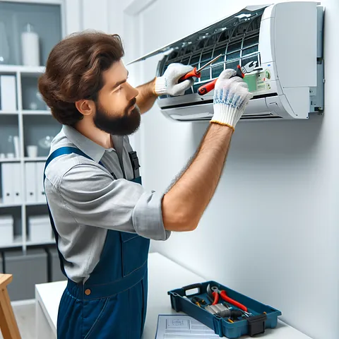 Technician repairing air conditioning unit indoors